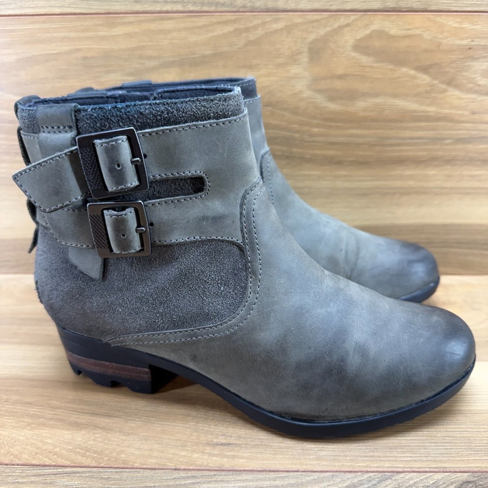 Sorel Lolla‎ Booties Womens 6.5 Gray Waterproof Leather Zip Low Heeled